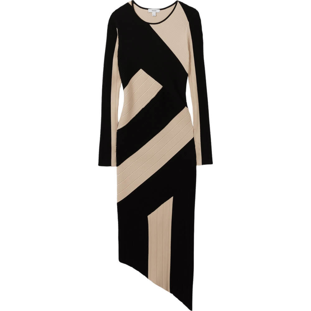 REISS JEM Knitted Colourblock Asymmetric Midi Dress